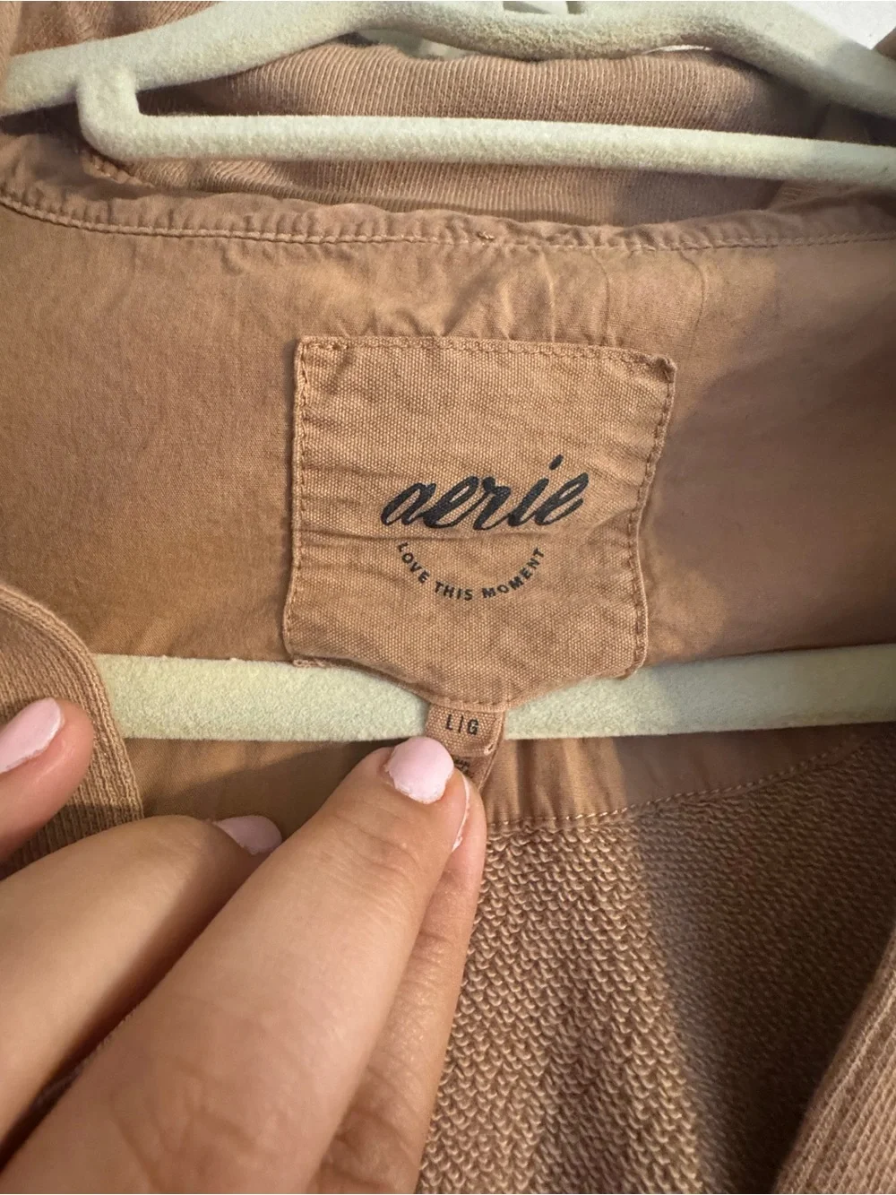 Aerie Cozy Oversized Distressed V-Neck Sweatshirt in Camel - Picture 4 of 5